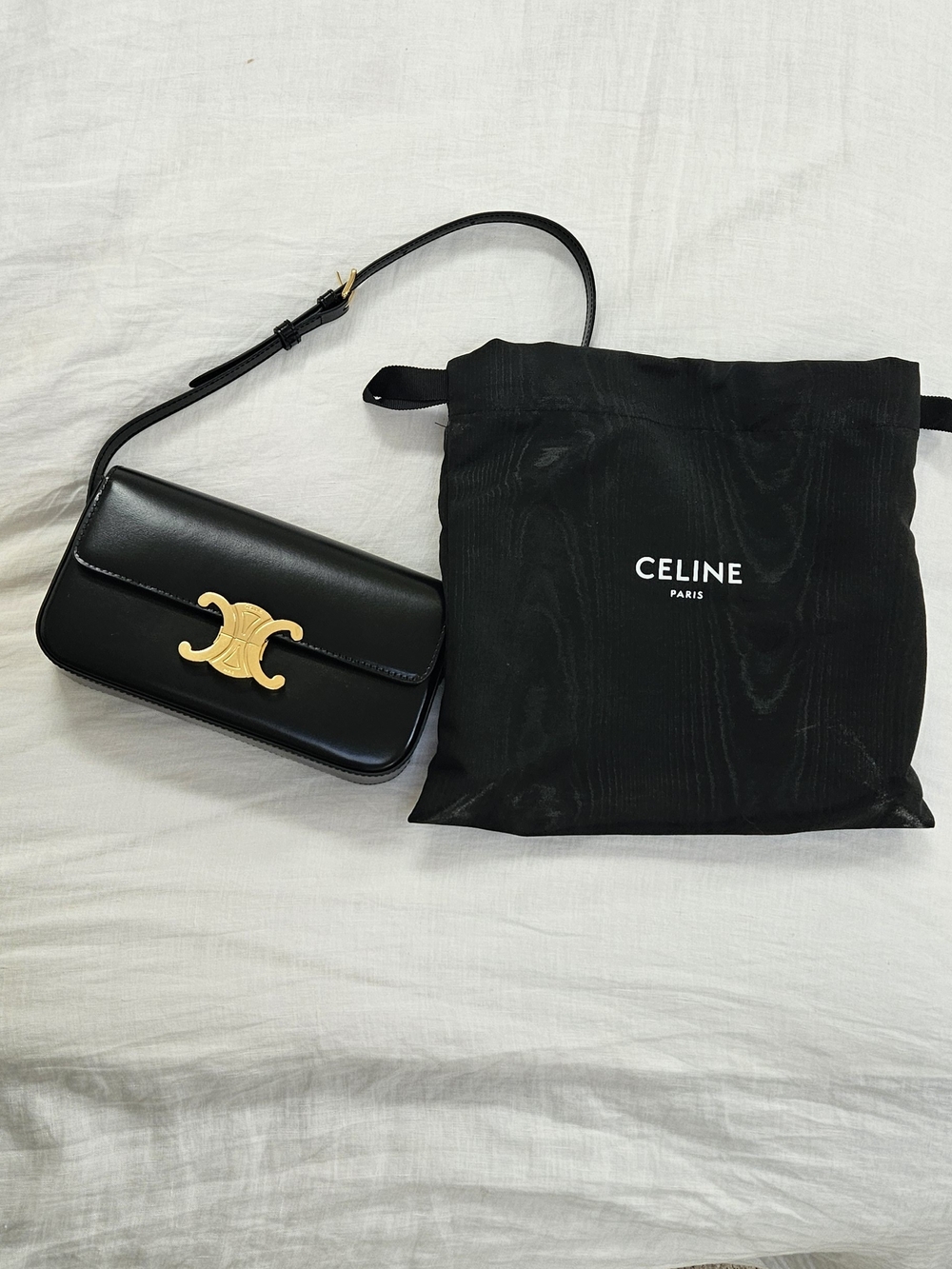 Celine Black Triomphe Leather Shoulder Bag with Gold Hardware